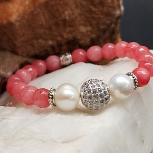 Pearl Bracelet Natural Watermelon Quartz Stone Diamond Cut White Topaz Pave